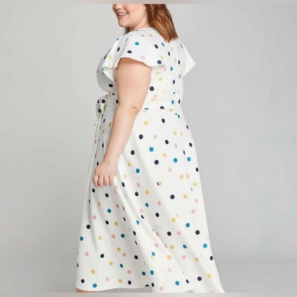 Lane Bryant Off white colorful polka dots high low belted dress sz 20 - Picture 7 of 14